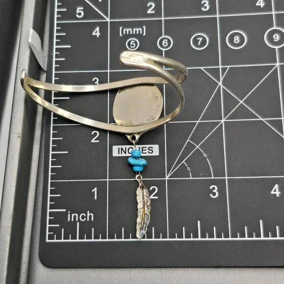 VTG Southwestern Sterling Silver Bracelet 6.75" Crushed Turquoise Feather Charm - Picture 9 of 15